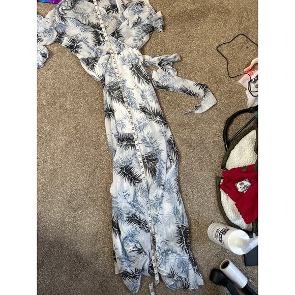 Arc & CO maxi dress faux wrap top waist tie long sleeve white palm leaf SZ M - Picture 6 of 8